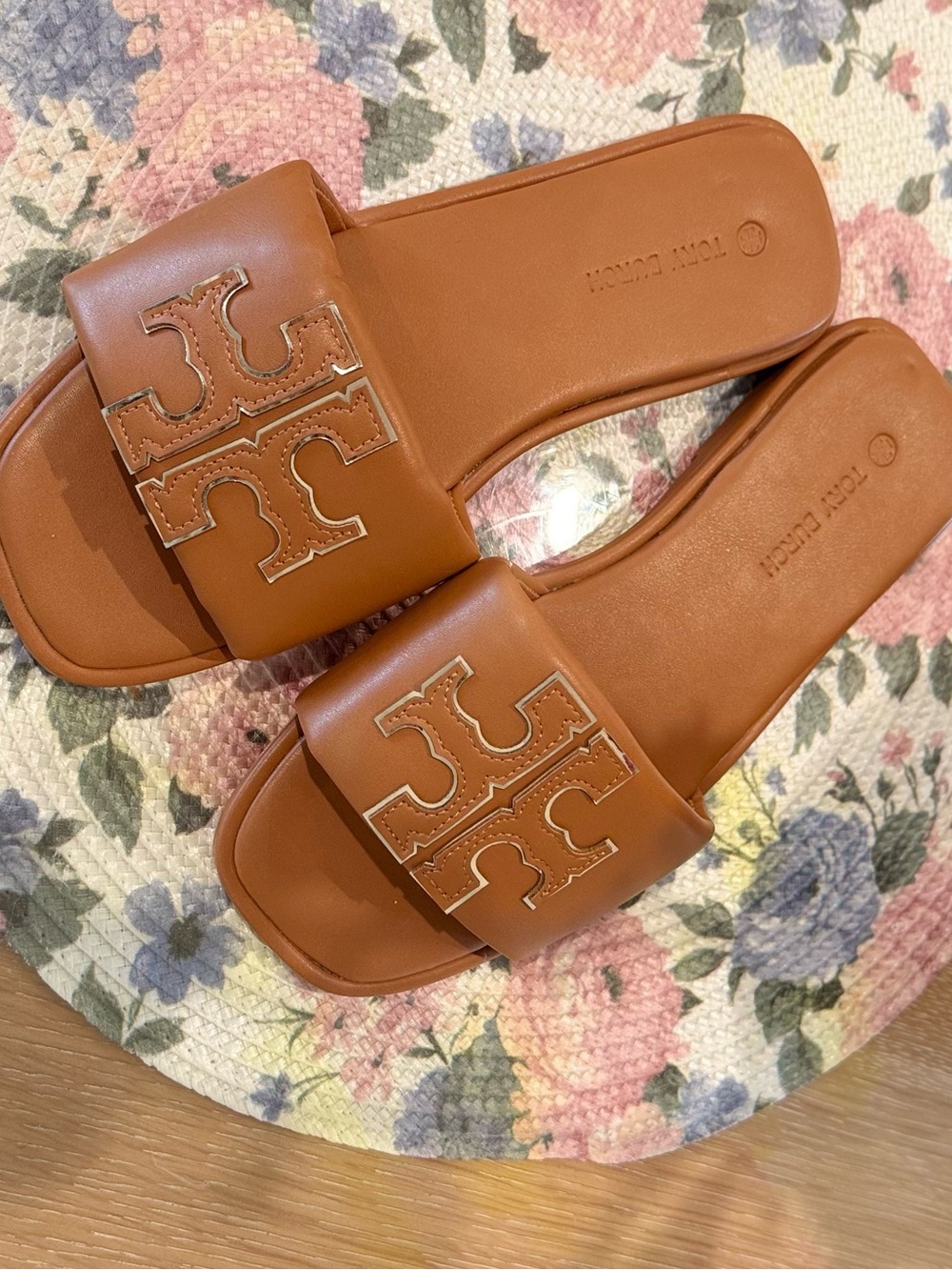 Tory Burch Cognac Leather Logo Slide Sandals - Picture 6 of 6